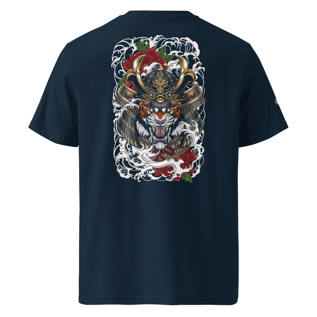 French Navy Roar of the Ronin Graphic Tee featuring a samurai tiger back print, Japanese streetwear style.