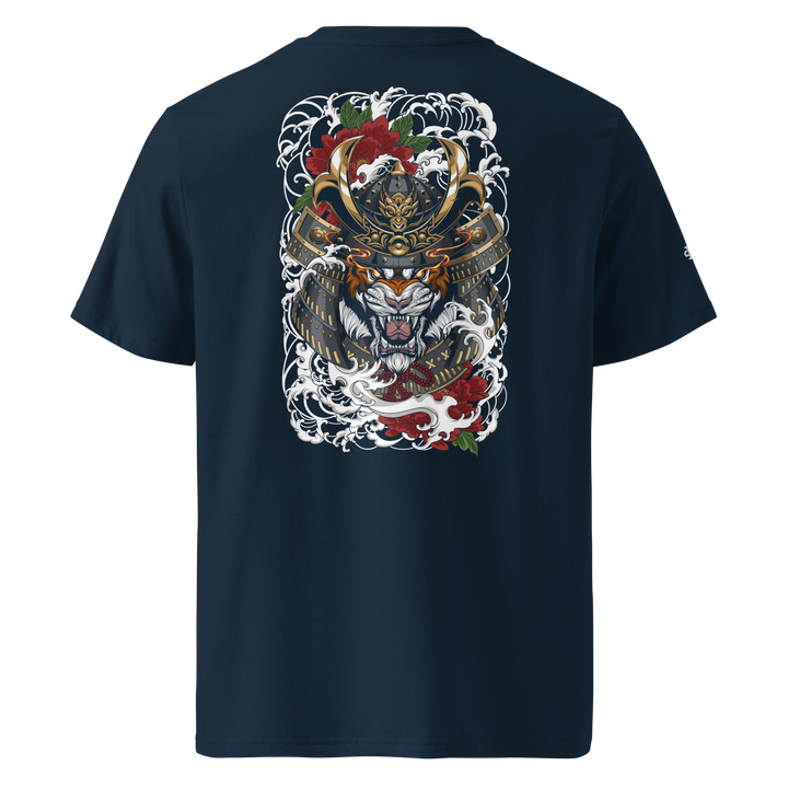 French Navy Roar of the Ronin Graphic Tee featuring a samurai tiger back print, Japanese streetwear style.