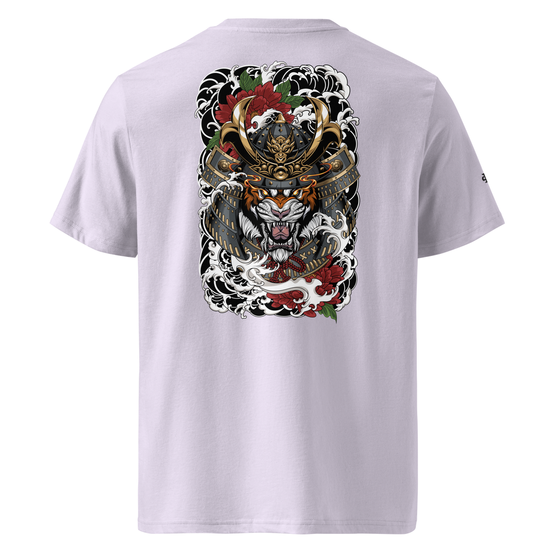 Lavender Roar of the Ronin Graphic Tee showcasing a bold back print with a samurai tiger, Japanese streetwear vibe