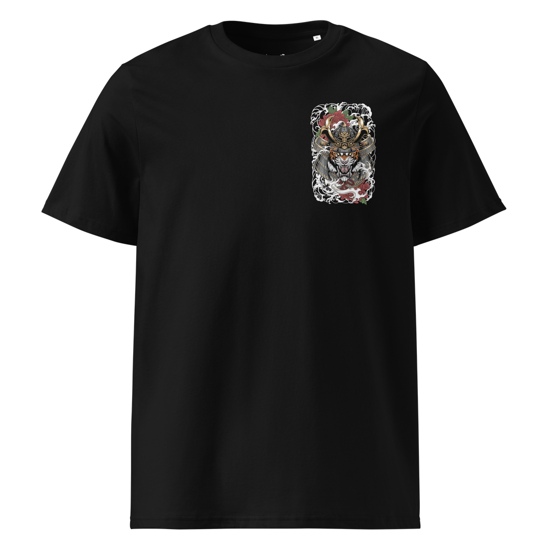 Black Roar of the Ronin Graphic Tee with left chest print, Japanese streetwear inspired by Irezumi tattoo art.