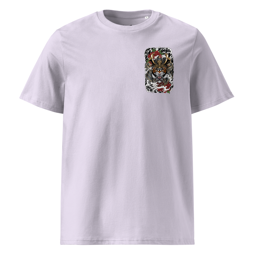 Lavender Roar of the Ronin Graphic Tee with left chest print, fusing Japanese streetwear and traditional Irezumi design.