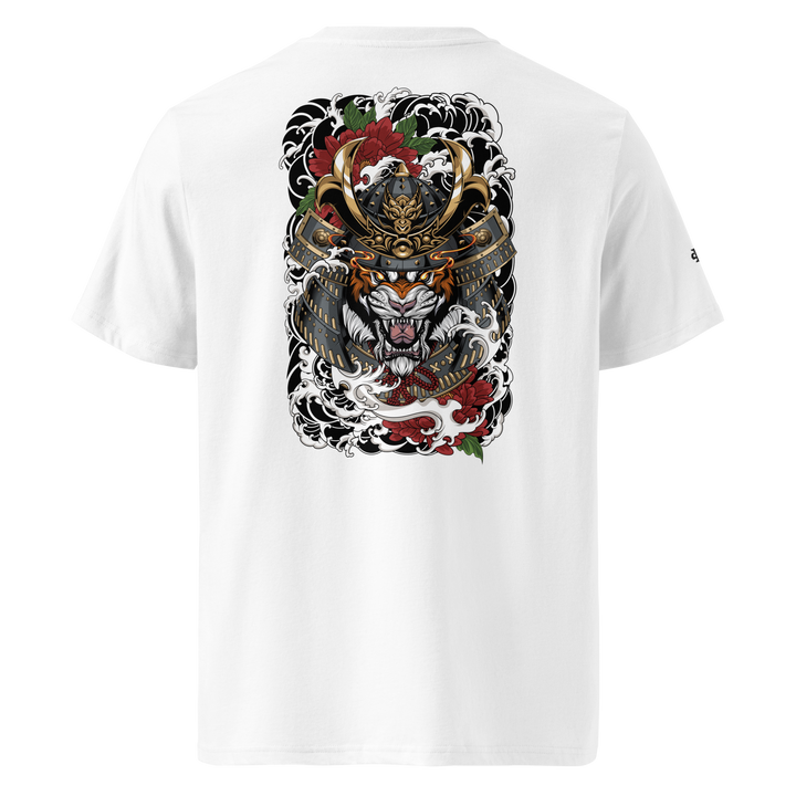 White Roar of the Ronin Graphic Tee with Japanese-inspired streetwear back print, samurai tiger motif.