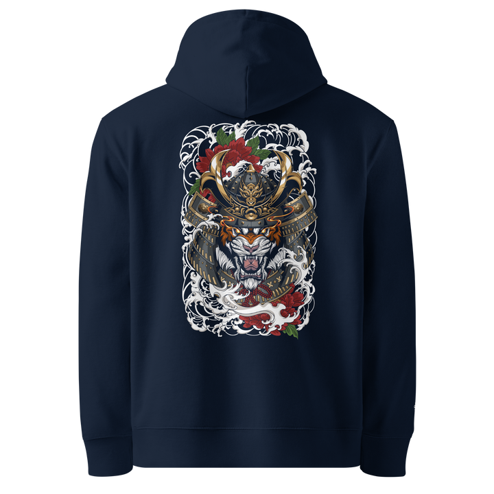 Roar of the Ronin Graphic Hoodie in French Navy featuring a fierce back print of a tiger with a samurai helmet.

