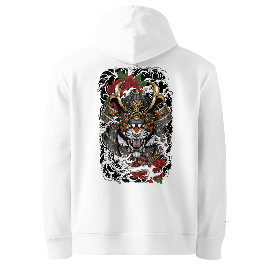 Roar of the Ronin Graphic Hoodie in White featuring a fierce back print of a tiger with a samurai helmet.