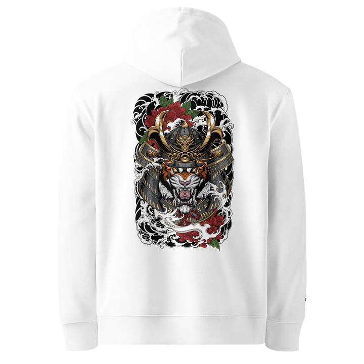 Roar of the Ronin Graphic Hoodie in White featuring a fierce back print of a tiger with a samurai helmet.