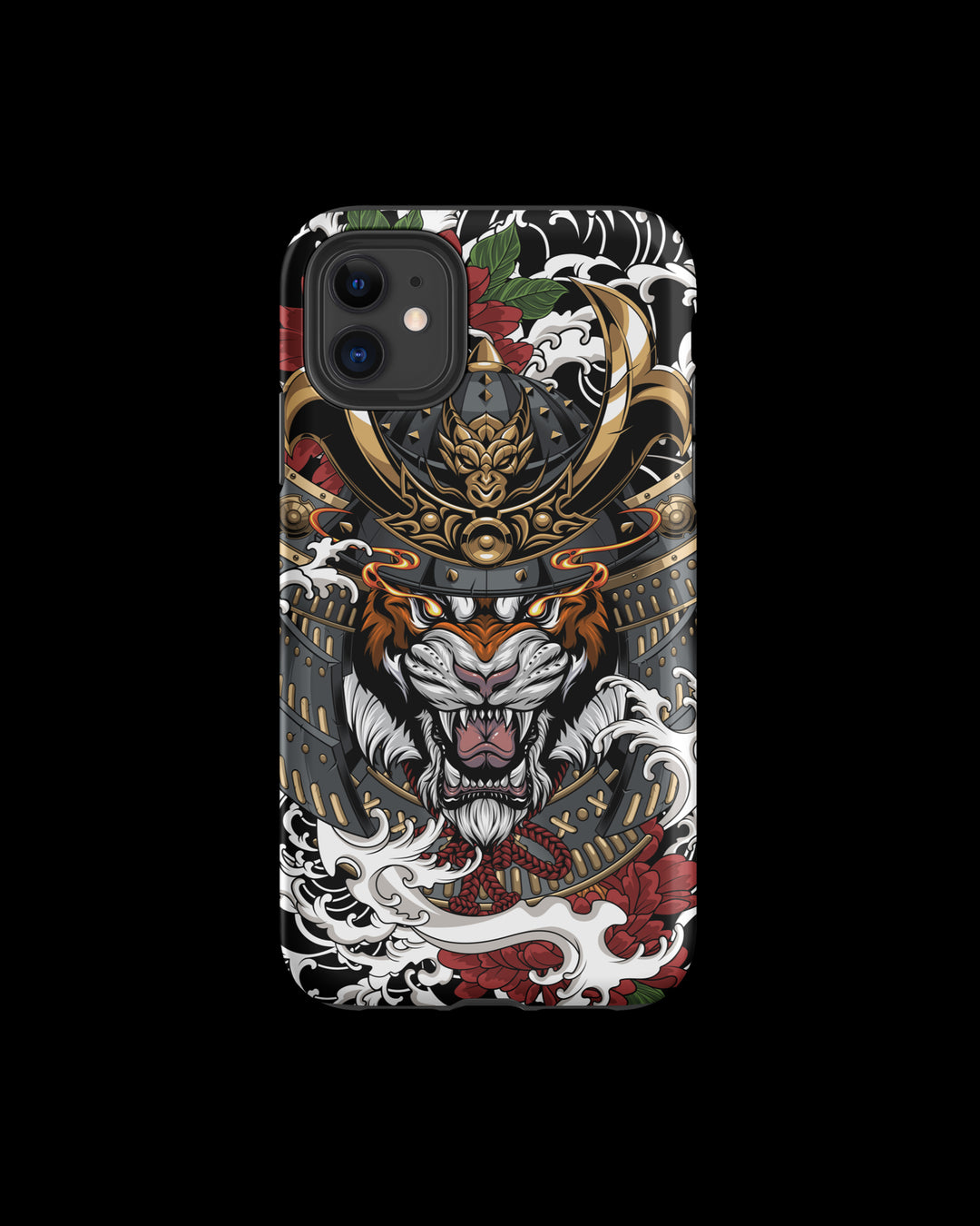 Phone case with a detailed tiger design on a black background