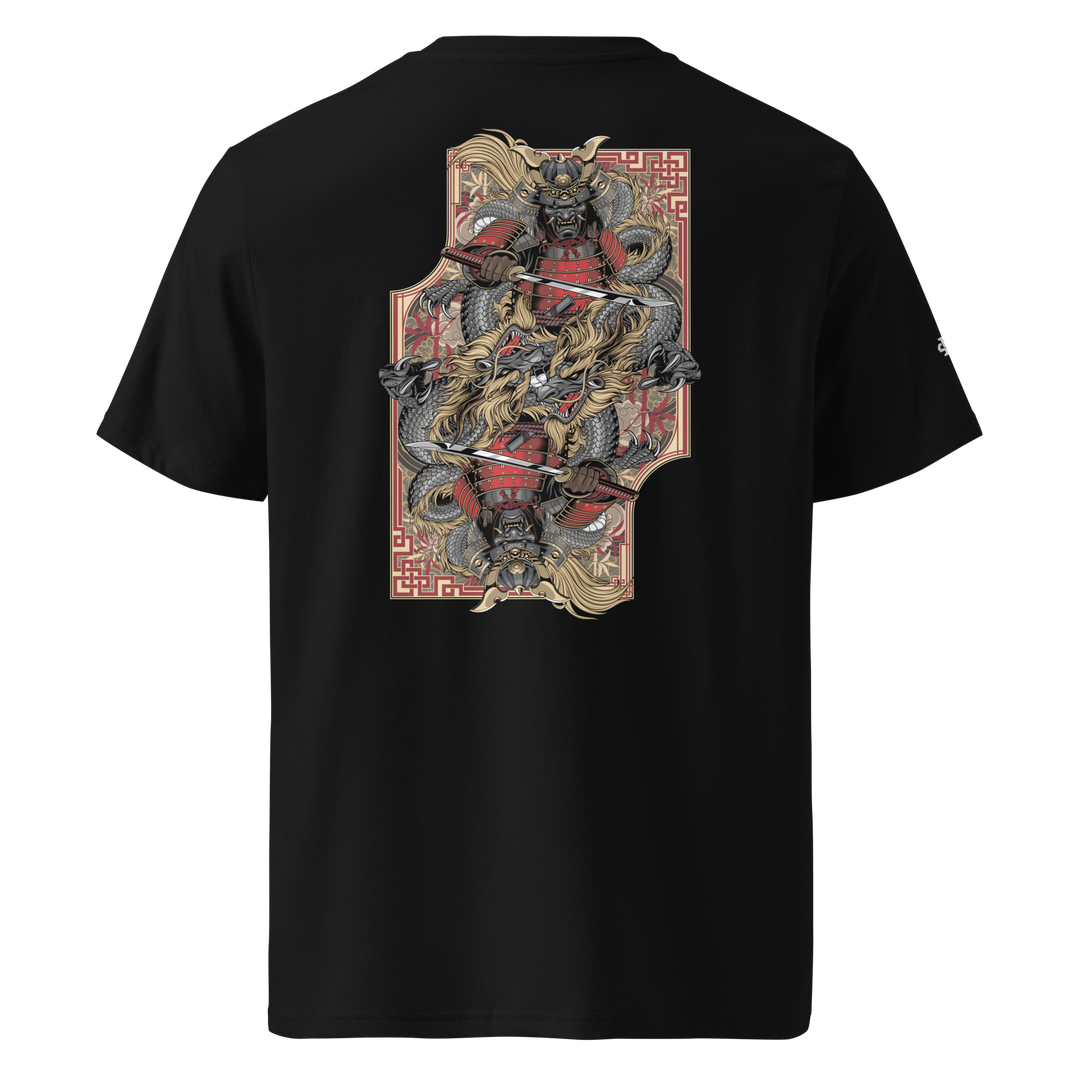 Black Ronin Card Shaper Graphic Tee featuring a back print of a duplicated Samurai and dragon arranged like a playing card, inspired by Japanese streetwear