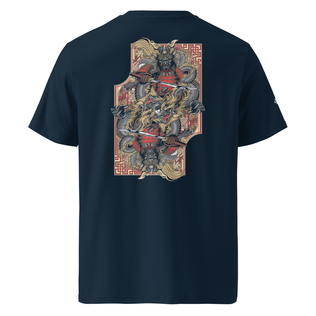 French Navy Ronin Card Shaper Graphic Tee with a back print of a duplicated Samurai and dragon, inspired by Japanese tattoo art