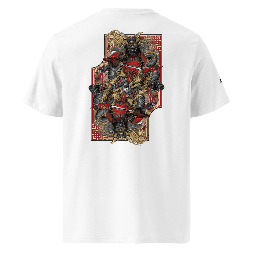 White T-shirt with a back print featuring a mirrored samurai and dragon design, inspired by Japanese Irezumi tattoo art.