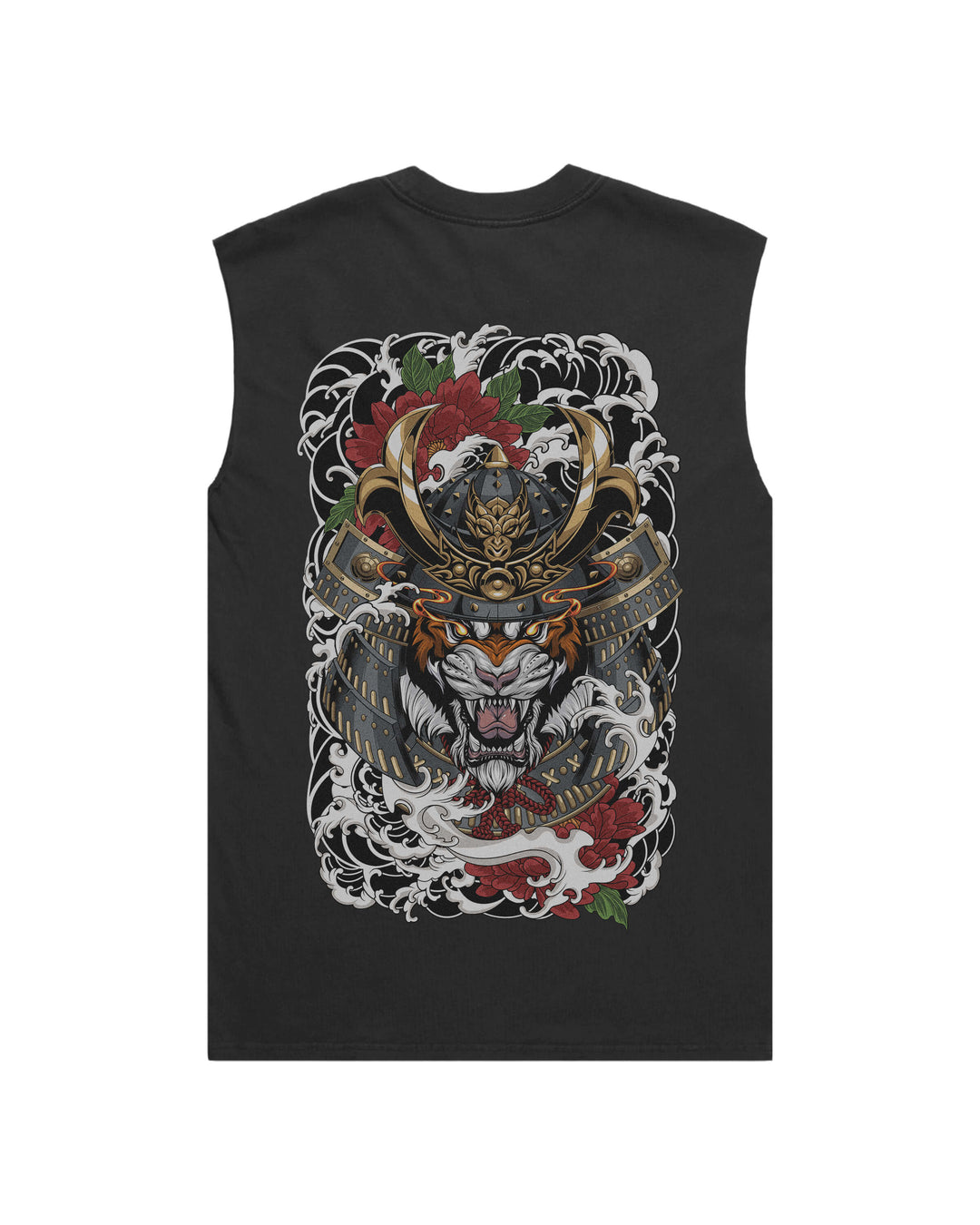 A sleeveless black t-shirt featuring a large, detailed Japanese samurai warrior tiger graphic on the back, set against a plain white background.
