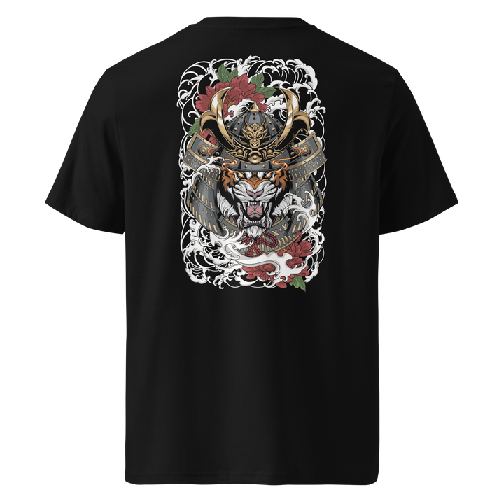 A black t-shirt with a detailed back print of a tiger wearing a samurai kabuto helmet, surrounded by Irezumi-style waves, red peonies, and intricate patterns.