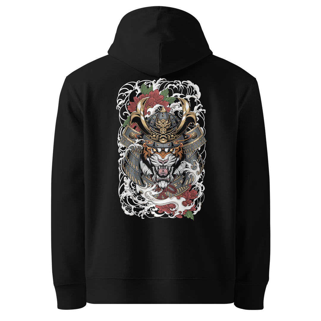 Ronin Tiger Hoodie Black – Large back print featuring a roaring tiger in a samurai helmet, surrounded by traditional Japanese waves and floral motifs.