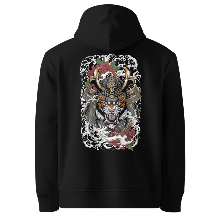 Ronin Tiger Hoodie Black – Large back print featuring a roaring tiger in a samurai helmet, surrounded by traditional Japanese waves and floral motifs.