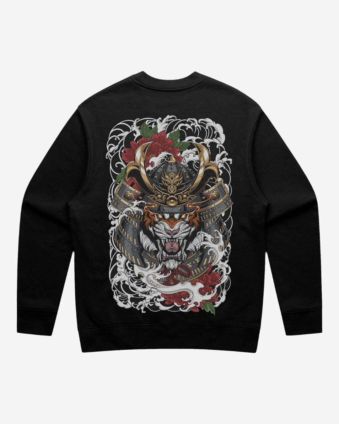 Black graphic sweatshirt with a ronin tiger, irezumi waves and floral design on the back.