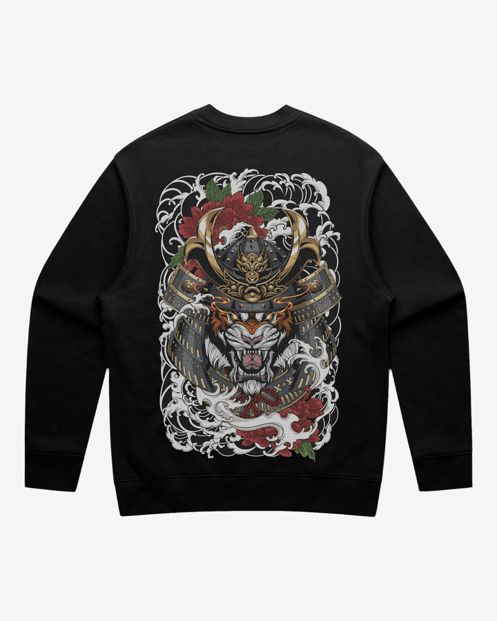 Black graphic sweatshirt with a ronin tiger, irezumi waves and floral design on the back.