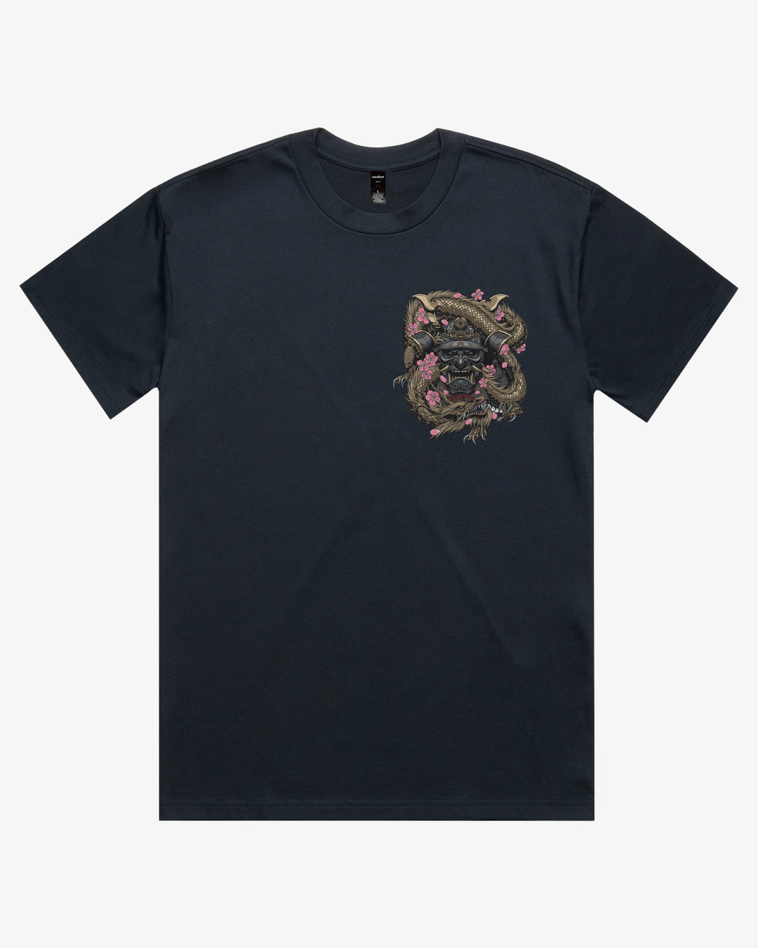 Navy oversized 280GSM Japanese graphic tee with left chest dragon coiled around a samurai mask and cherry blossom artwork