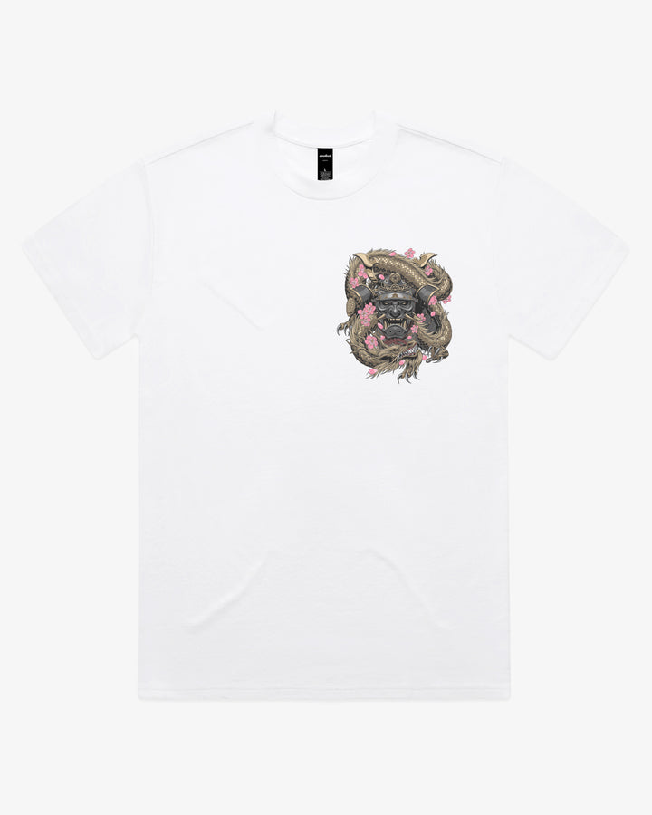 White  oversized 280GSM Japanese graphic tee with left chest dragon coiled around a samurai mask and cherry blossom artwork