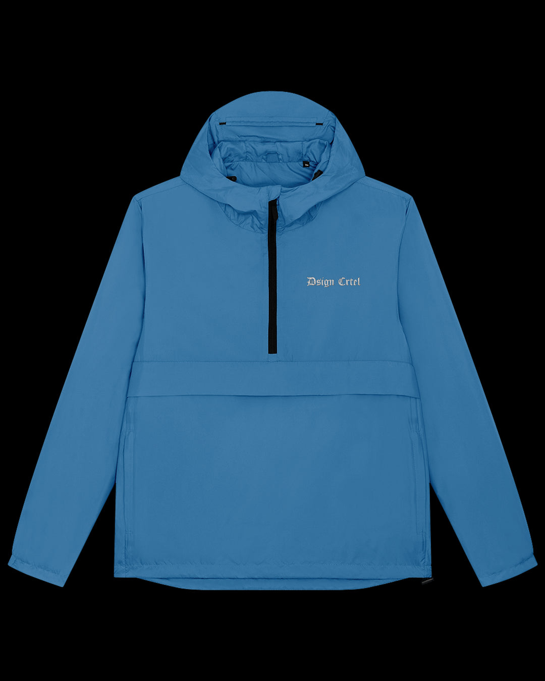 Blue anorak jacket with a brand logo on a black background