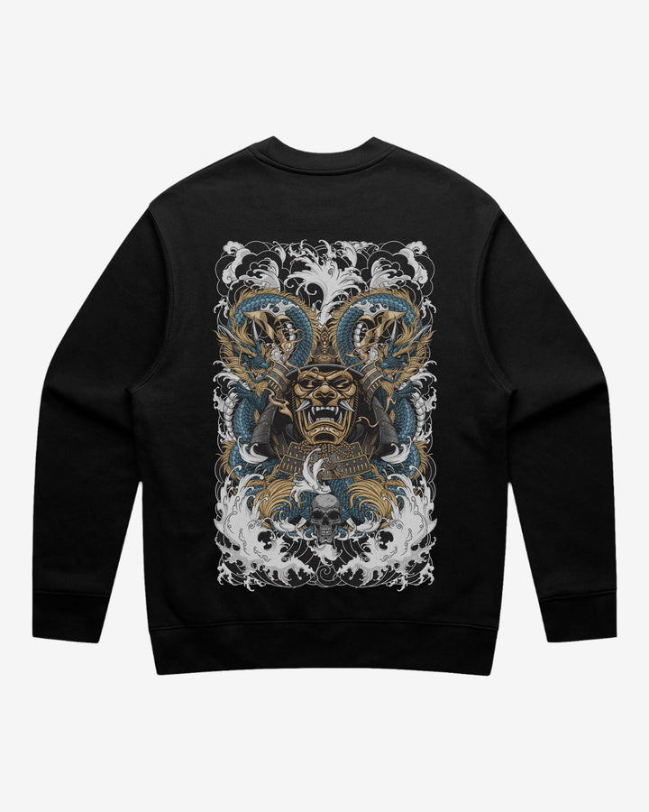 Samurai Embrace Relaxed Fit Graphic Sweatshirt With Large Tattoo Inspired Back Print