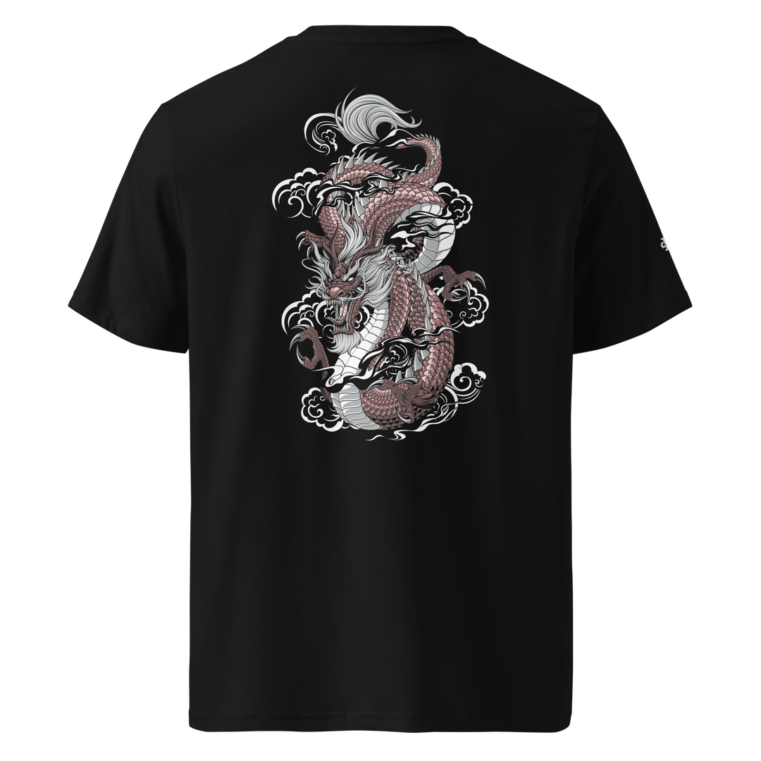 Black Ryuko no Guren Dragon Graphic Tee featuring a detailed back print of a dragon, inspired by Japanese Irezumi art