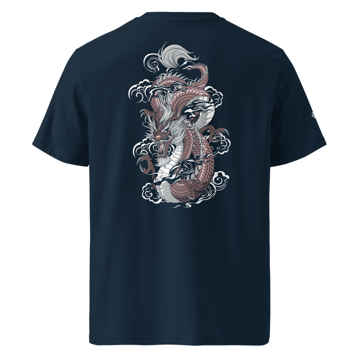 French Navy Ryuko no Guren Dragon Graphic Tee featuring a back print of a dragon, inspired by Japanese Irezumi art