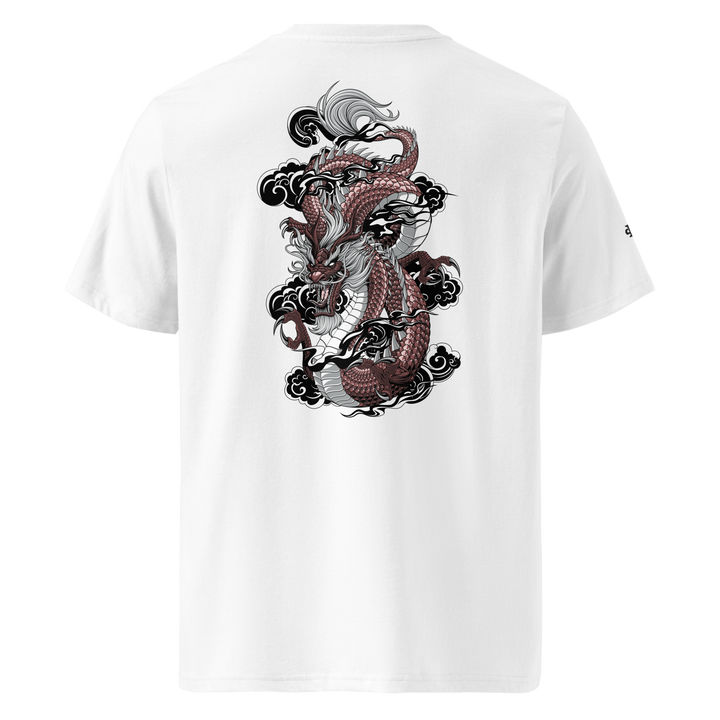 White Ryuko no Guren Dragon Graphic Tee with a back print of a coiled dragon, blending Japanese tattoo art with streetwear fashion