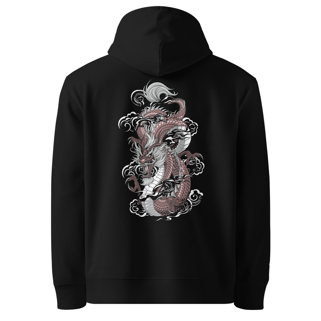 Ryuko no Guren Hoodie in Black featuring a dragon and samurai back print