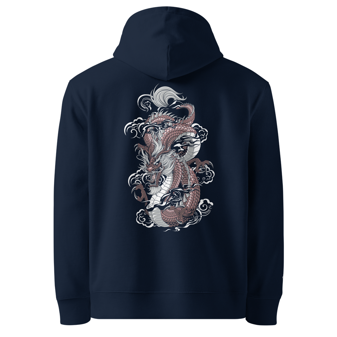 Ryuko no Guren Hoodie in French Navy with dragon and samurai back print
