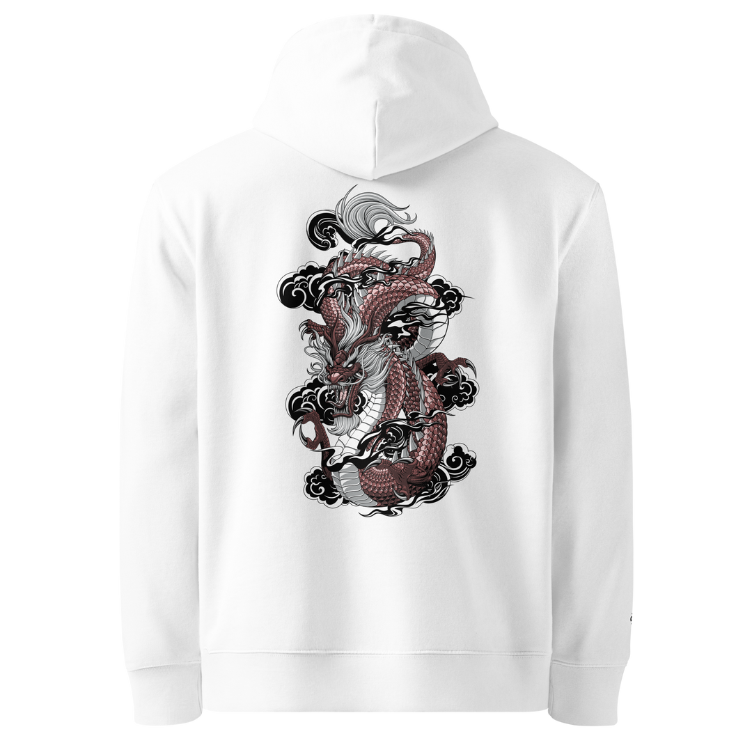 Ryuko no Guren Hoodie in White showcasing a dragon and samurai back print