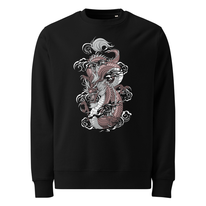 Black Ryuko No Guren Graphic Sweatshirt featuring a coiled dragon and floral design inspired by Japanese Irezumi tattoo art