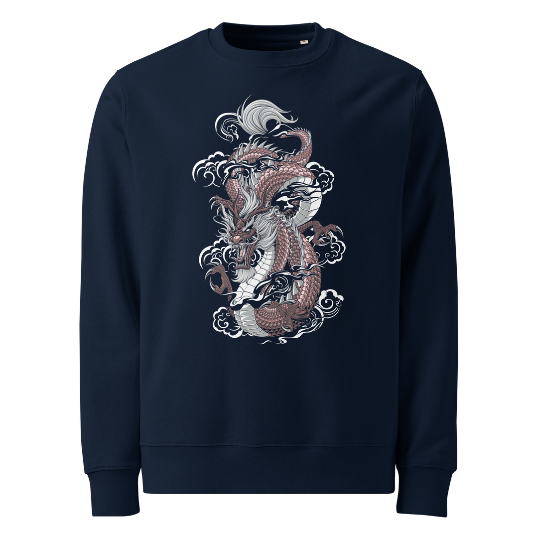 French Navy Ryuko No Guren Graphic Sweatshirt featuring a dragon and floral motif inspired by Japanese Irezumi tattoo art