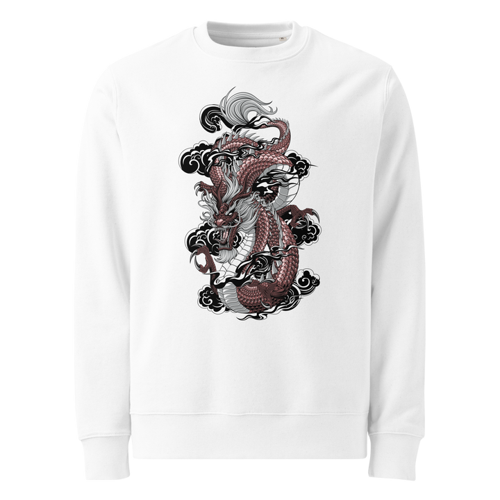 White Ryuko No Guren Graphic Sweatshirt with a dragon and floral design, blending Japanese tattoo art and streetwear fashion