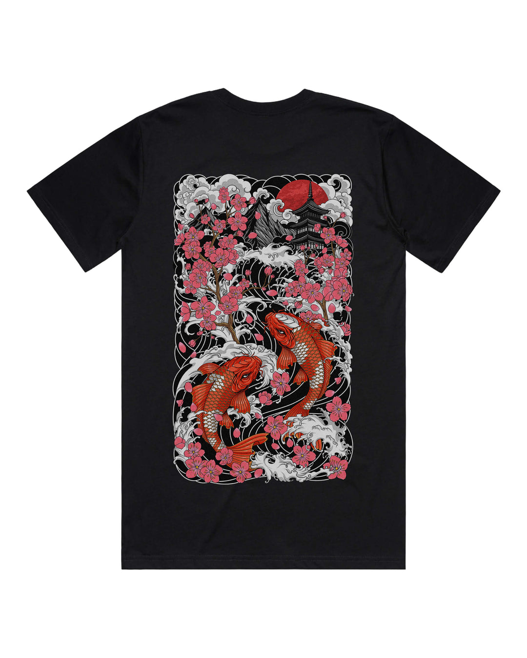 Black graphic t-shirt with large back print of two koi fish swimming towards temple surrounded by sakura flowers