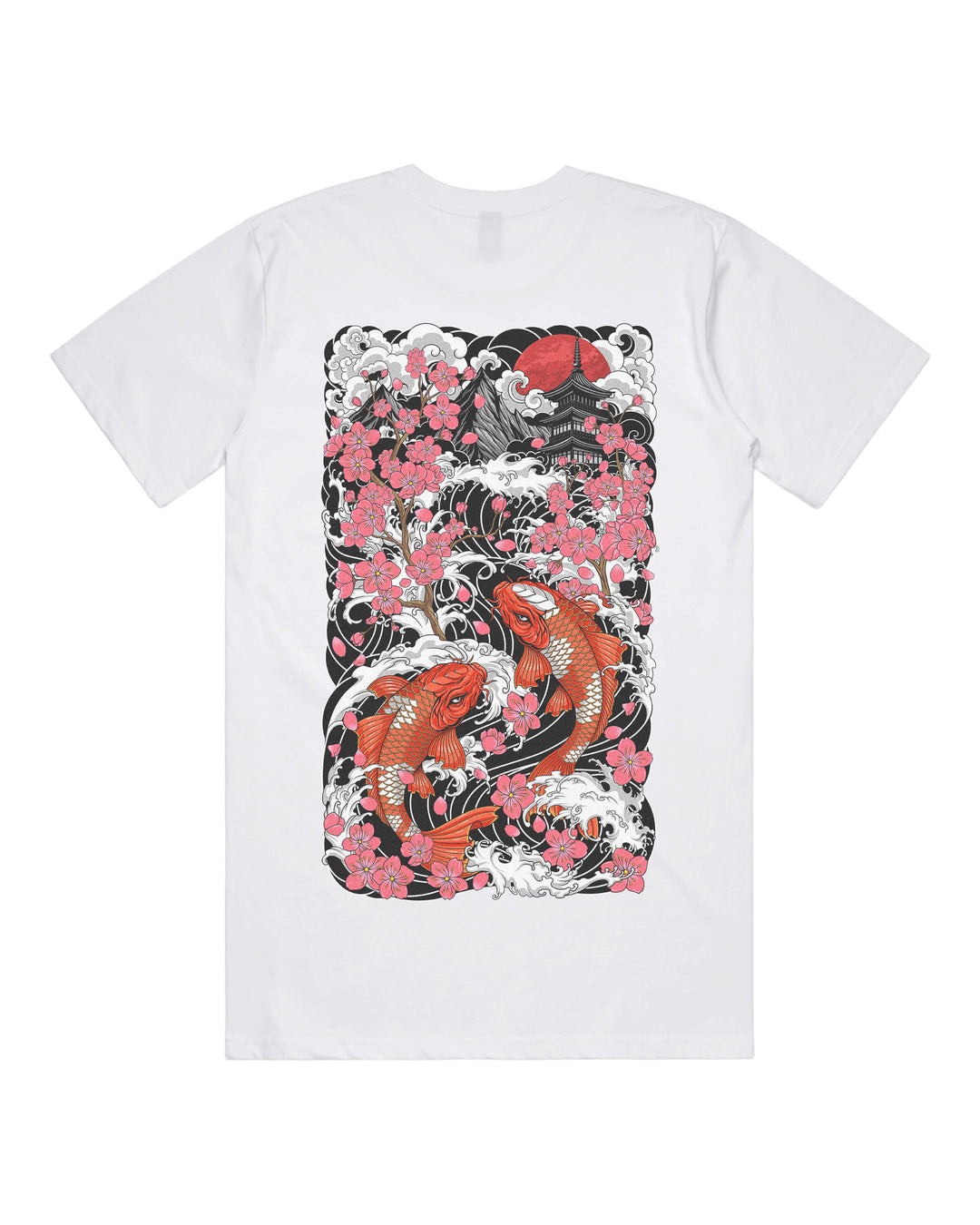 White graphic t-shirt with large back print of two koi fish swimming towards temple surrounded by sakura flowers