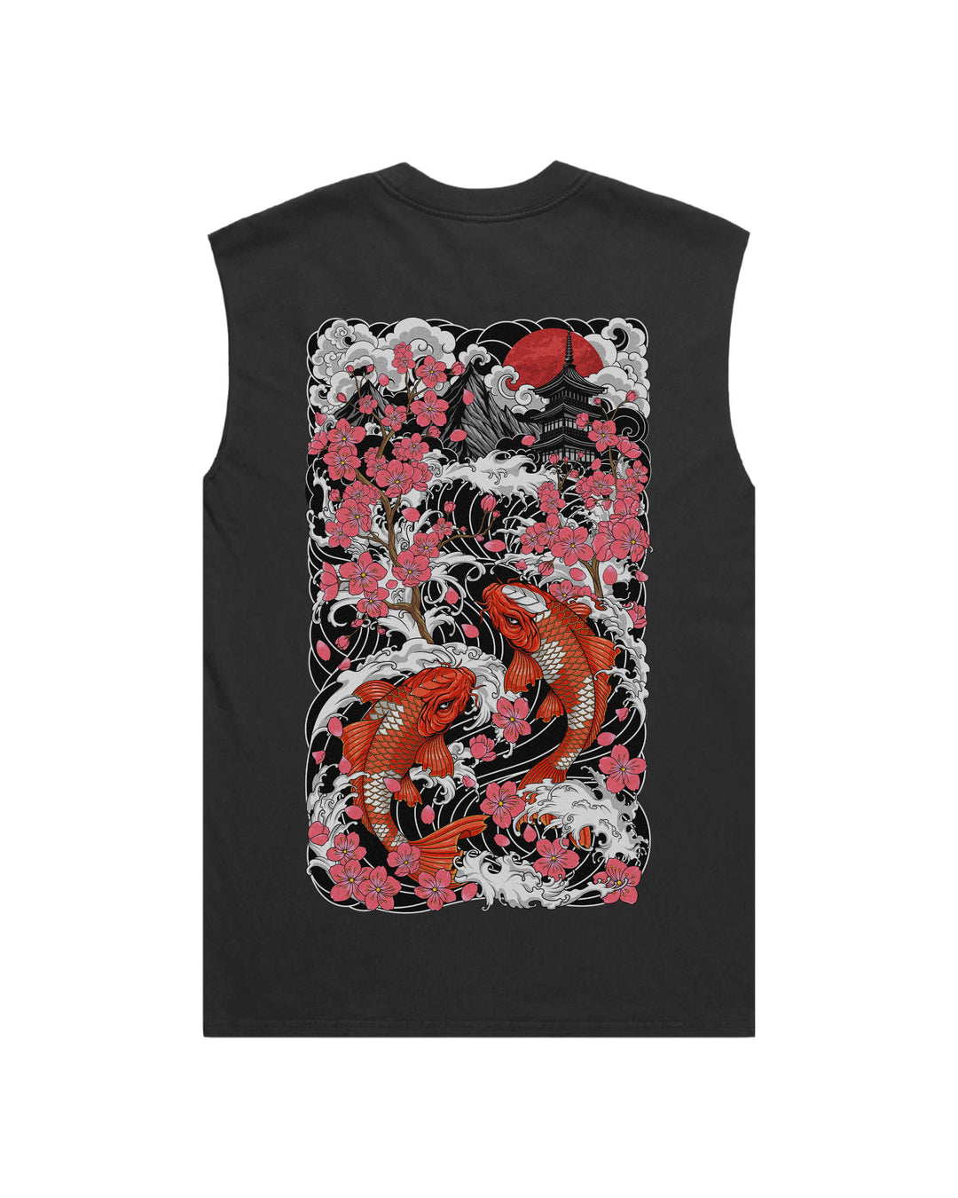 Faded black tank top with large print of koi fish swimming upstream amongst sakura flowers