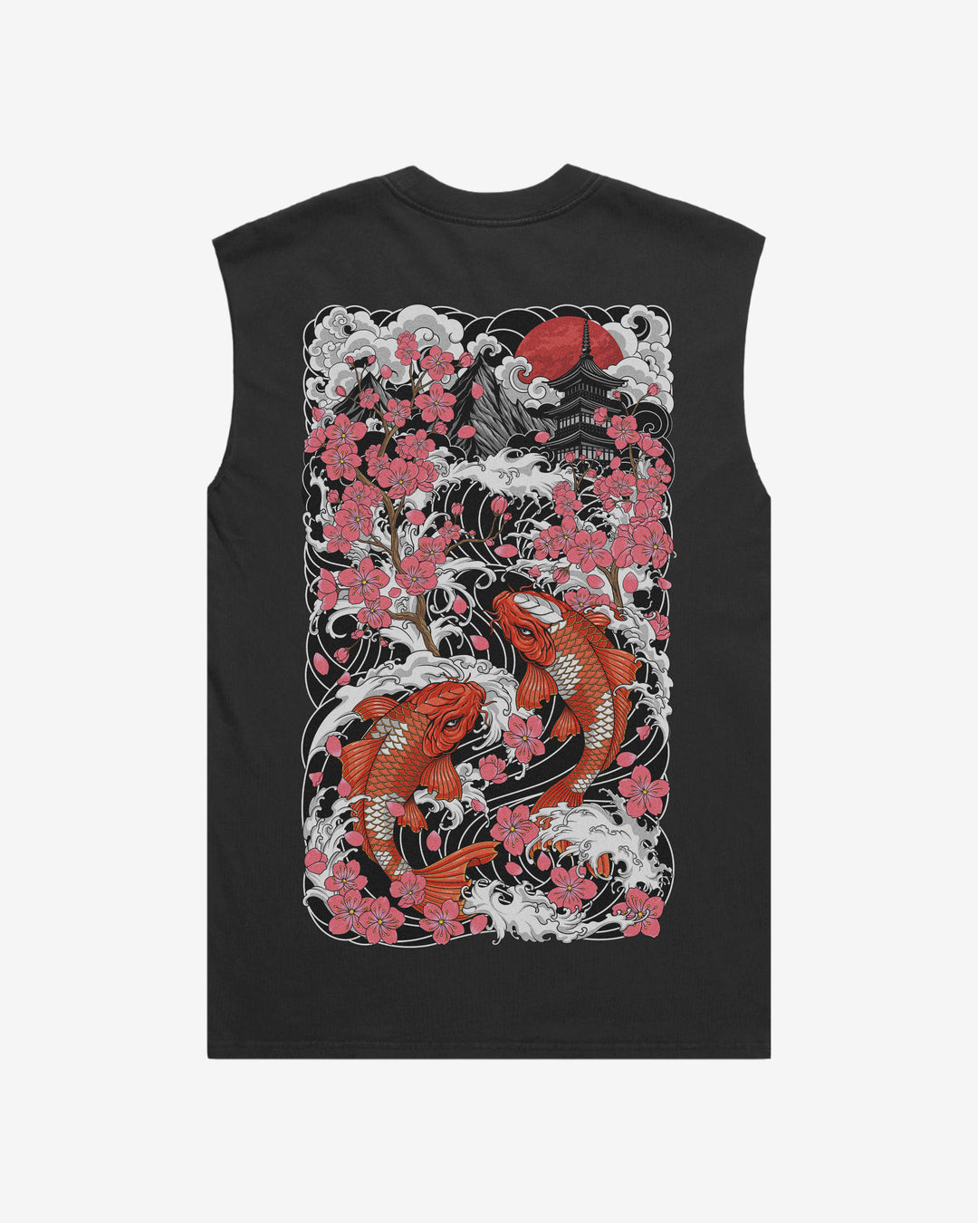 Japanese tattoo tank top with back print of sakurai and koi fish