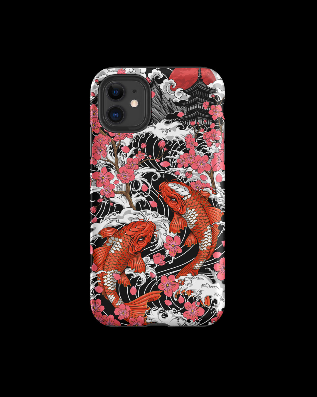 Phone case with Koi fish and cherry blossom design on a black background