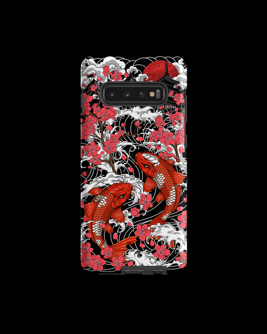 Phone case with orange and white koi fish design on a black background