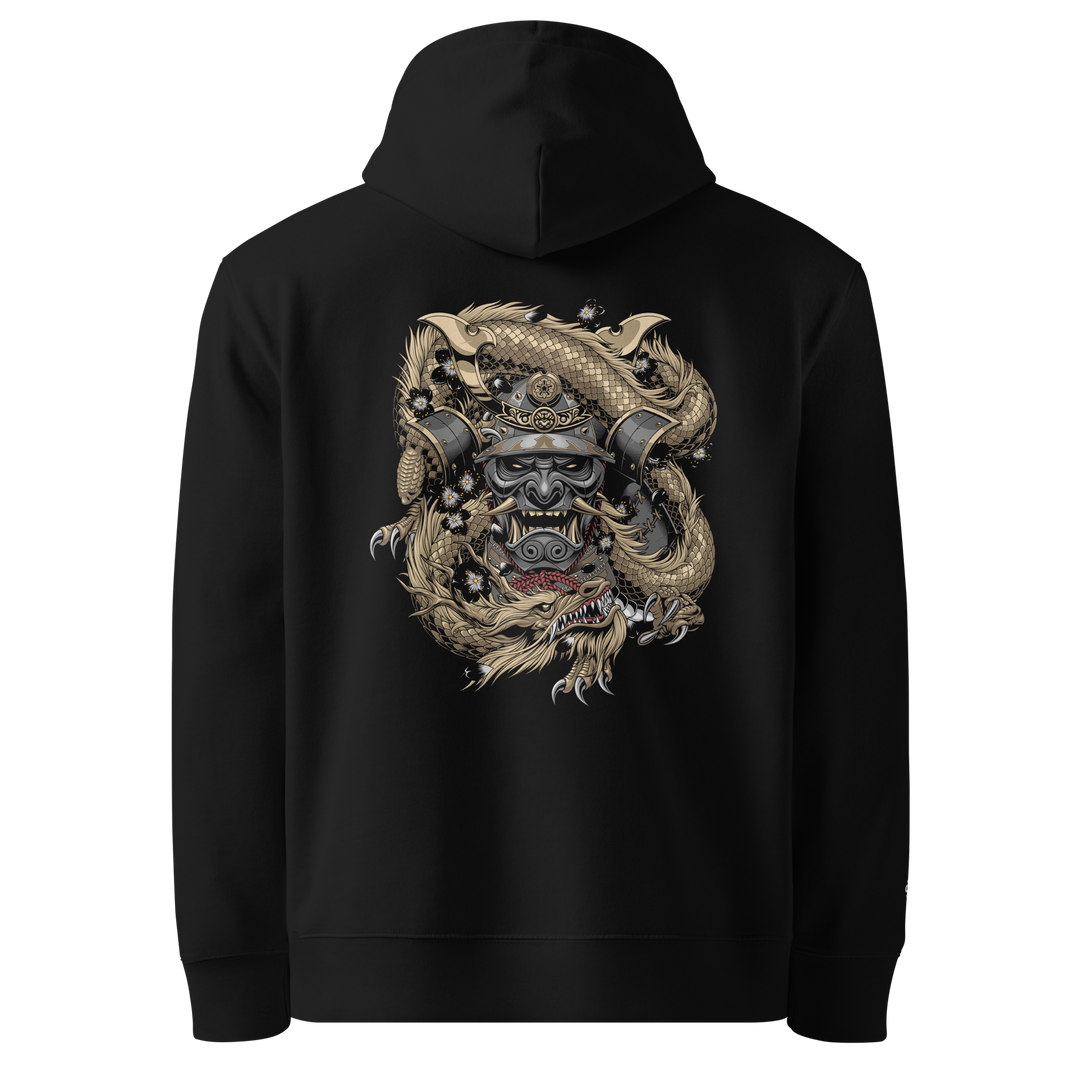 Black Samurai Embraced Dragon Graphic Hoodie with a back print of a samurai mask surrounded by a coiled dragon.