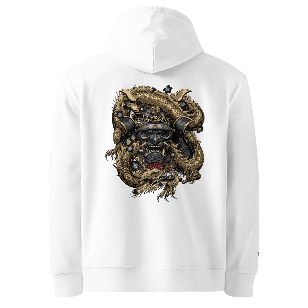 White Samurai Embraced Dragon Graphic Hoodie with a back print of a samurai mask surrounded by a coiled dragon.