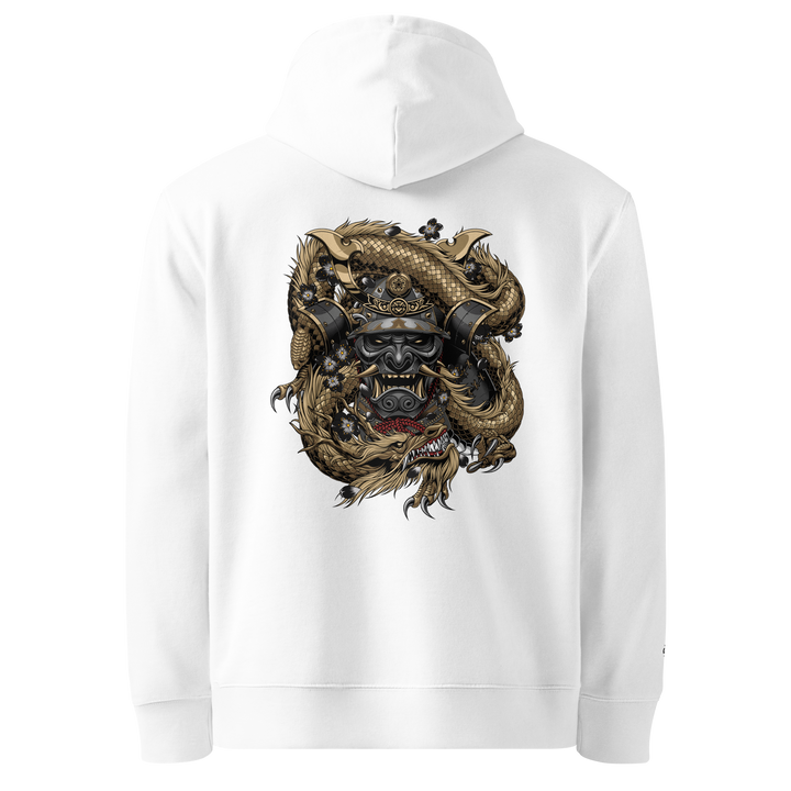 White Samurai Embraced Dragon Graphic Hoodie with a back print of a samurai mask surrounded by a coiled dragon.