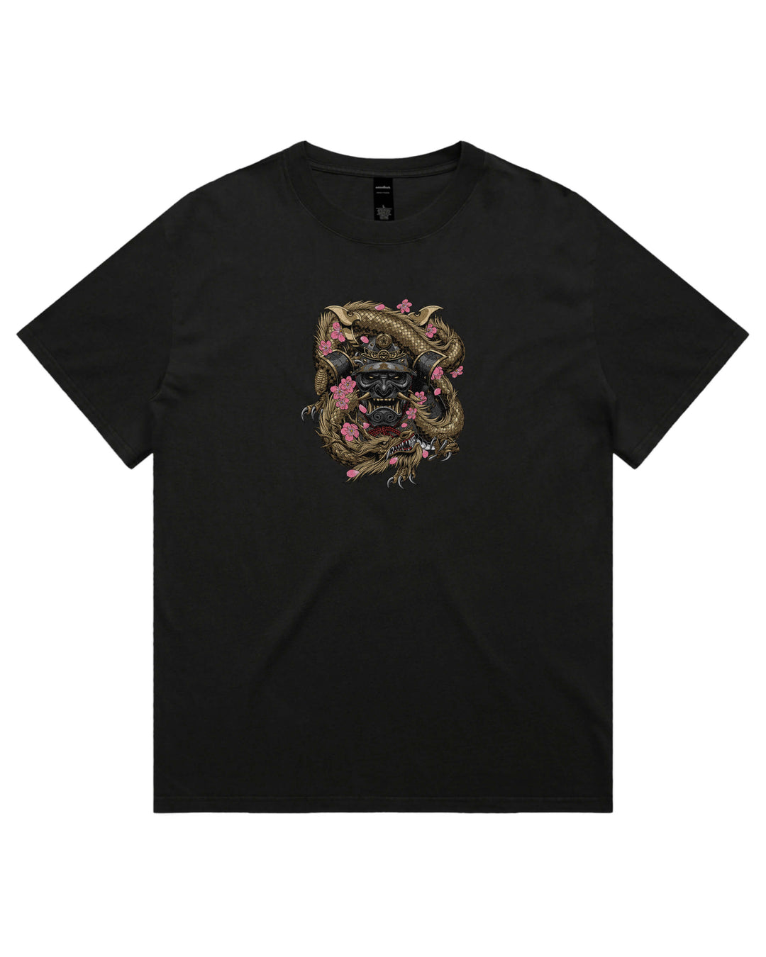 Oversized black t-shirt with samurai and dragon front chest graphic print