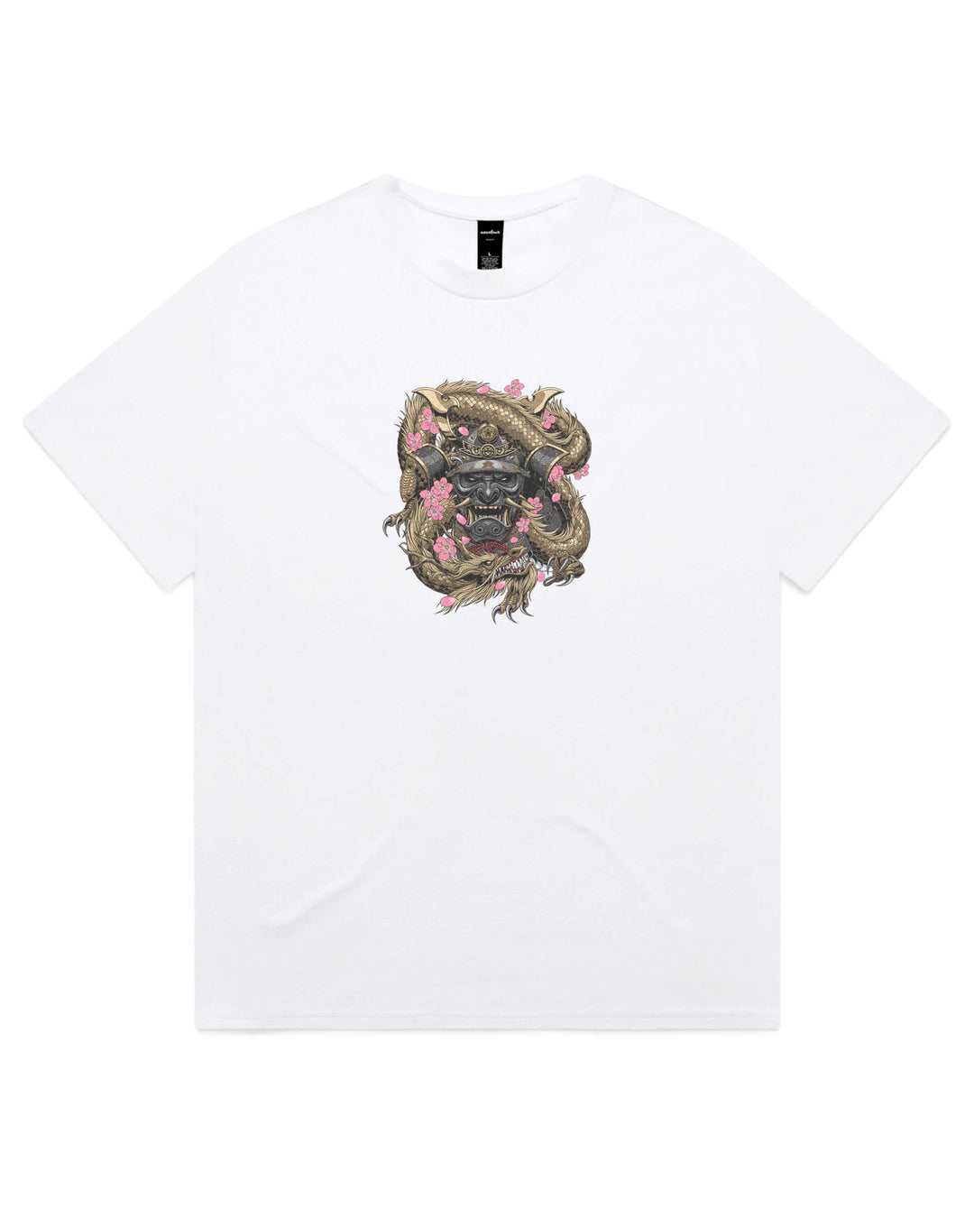 Oversized white t-shirt with samurai and dragon front chest graphic print