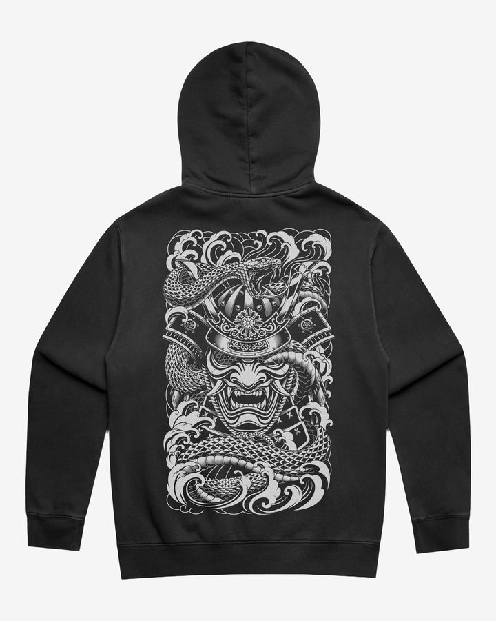 Faded tattoo hoodie with a large samurai & snake back print, 320GSM relaxed fit and washed finish.