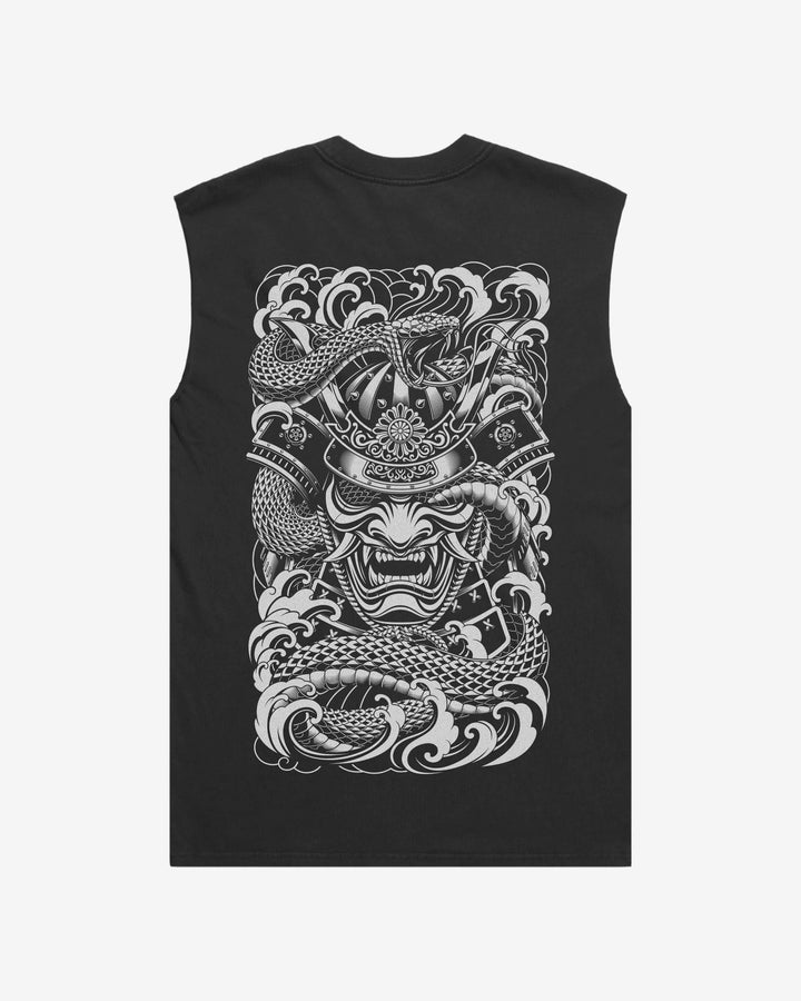 Irezumi Samurai Faded Oversized Graphic Tank Top With Large Tattoo Inspired Graphic Print
