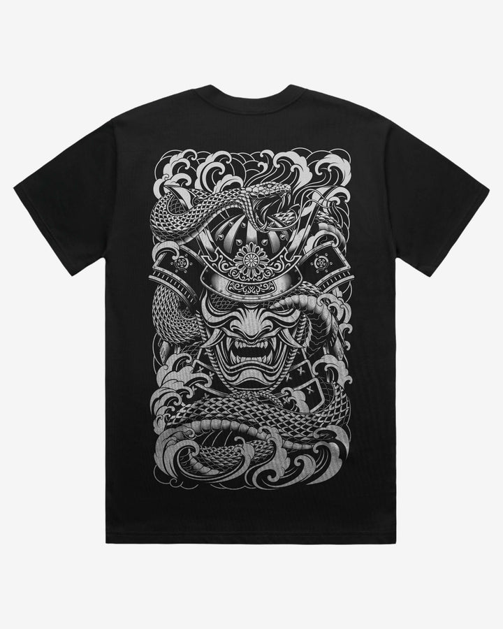 Black oversized graphic t-shirt with a detailed dragon and samurai mask print on the back on a white background