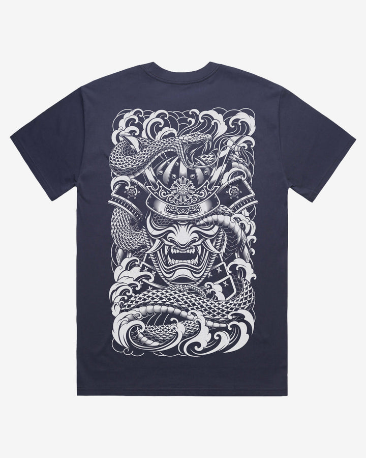 midnight blue oversized graphic t-shirt with a detailed dragon and samurai mask print on the back on a white background