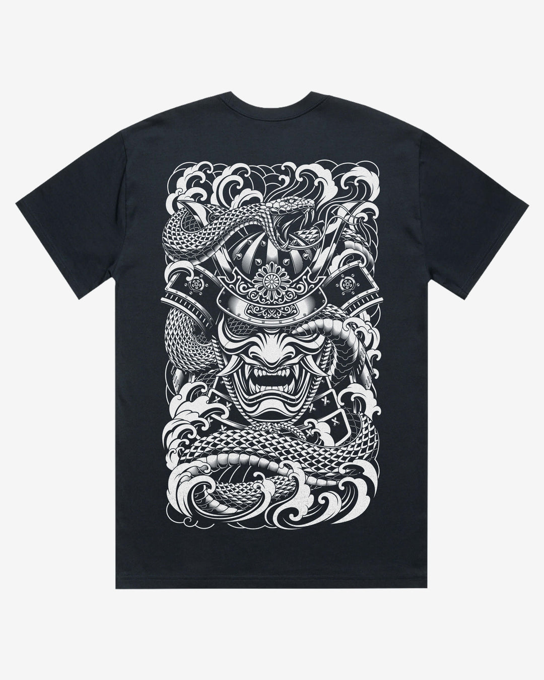 navy blue oversized graphic t-shirt with a detailed dragon and samurai mask print on the back on a white background