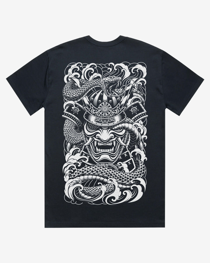 navy blue oversized graphic t-shirt with a detailed dragon and samurai mask print on the back on a white background