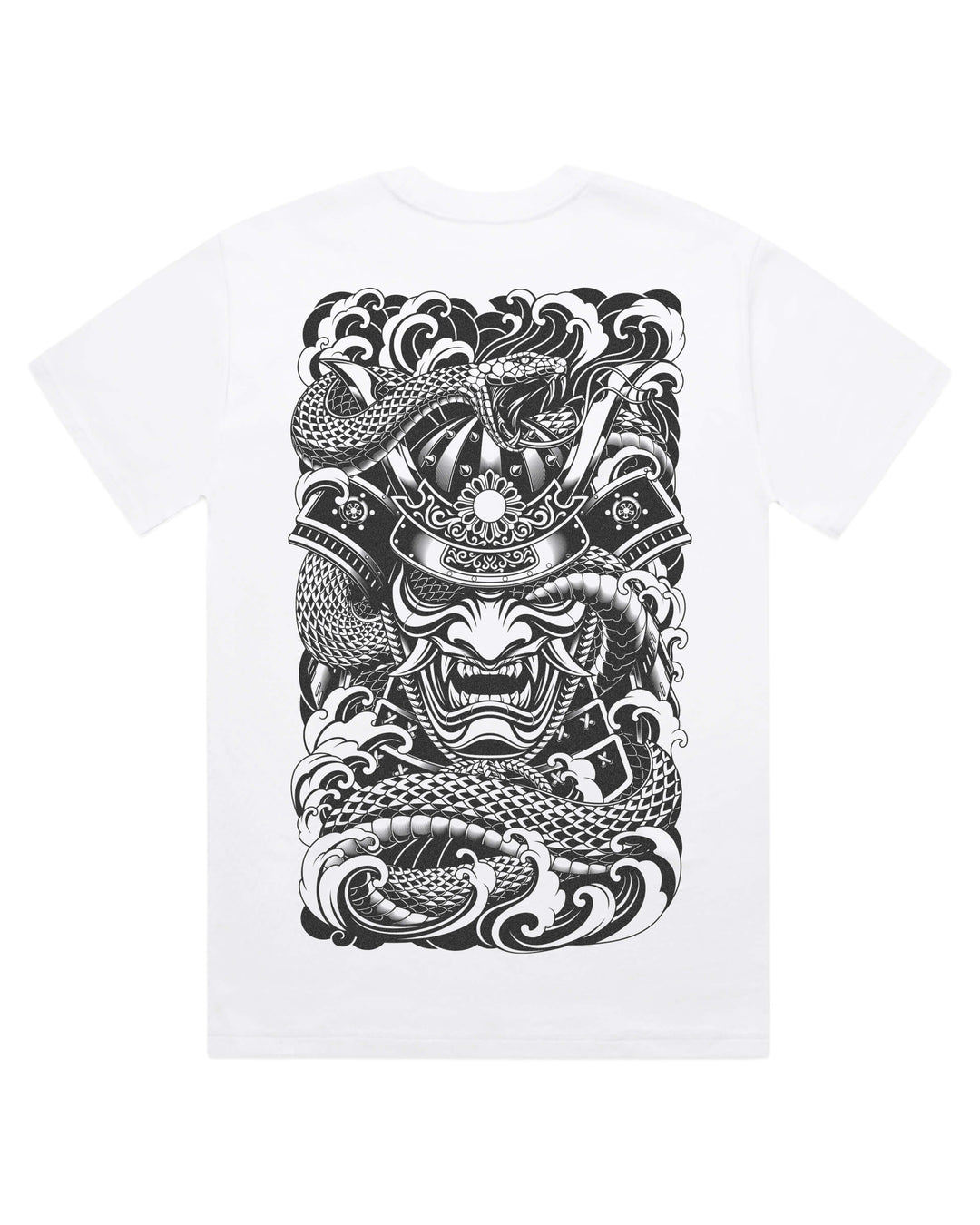 white oversized graphic t-shirt with a detailed dragon and samurai mask print on the back on a white background